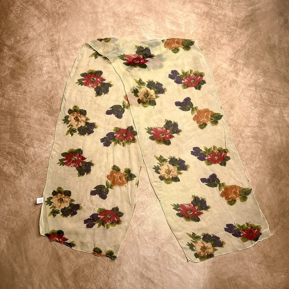 Vintage 90s Berkshire Floral Mesh Scarf Neckerchief Ascot Sheer Retro Mod Boho